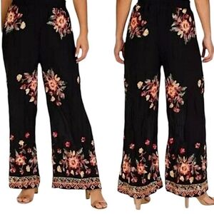 Floral Black Wide-Leg Pants Embroidery